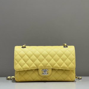 Alternative view of CHANEL CLASSIC HANDBAG GRAINED CALFSKIN & SILVER - TONE METAL Yellow 6×9.9×2.5in