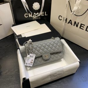 Alternative view of CHANEL Classic Handbag in Grained Litchi Pattern Calfskin & Silver-Tone Metal, Gray 6 × 9.9 × 2.5 inches