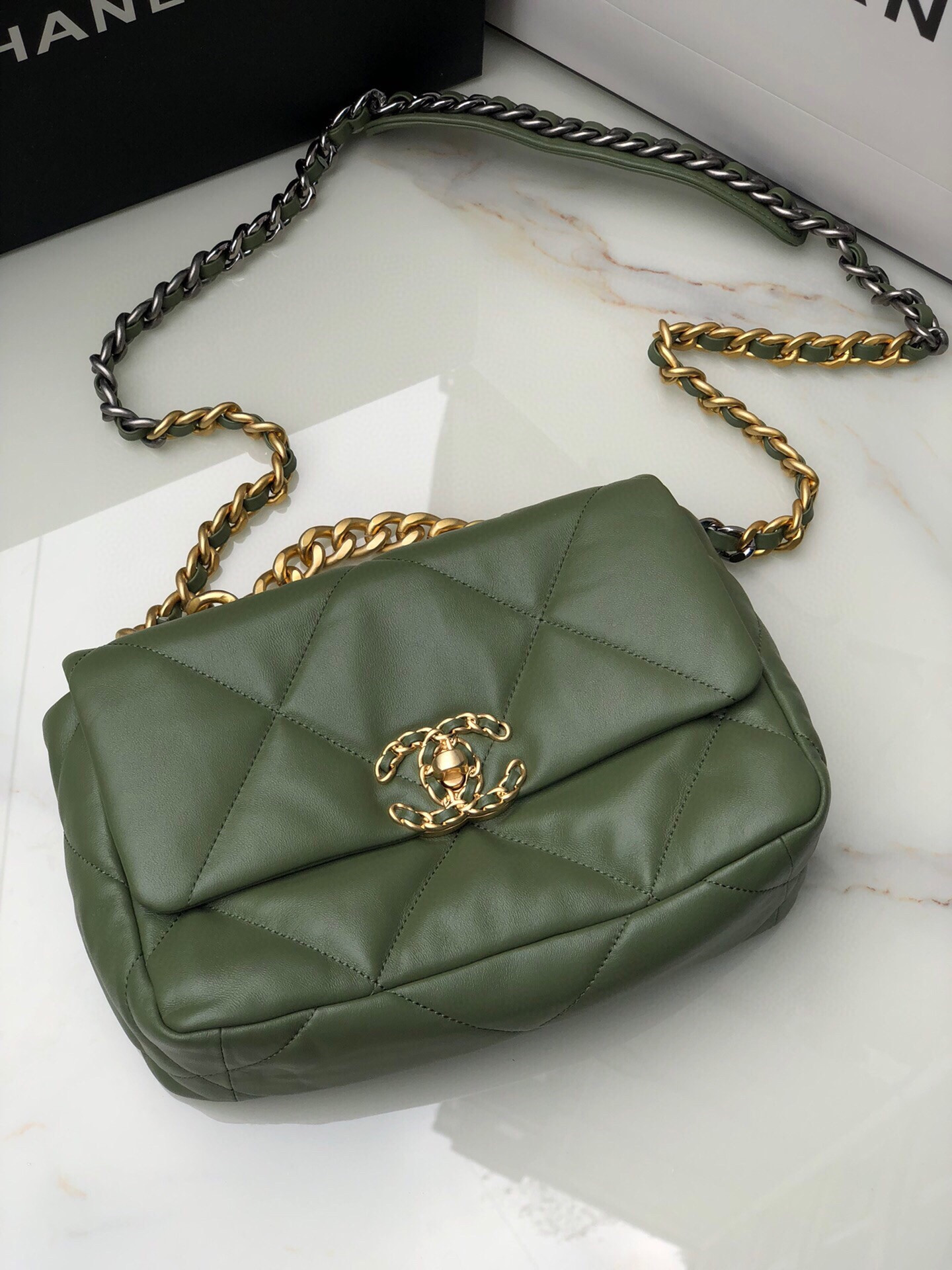 CHANEL 19 HANDBAG Shiny Leather, Gold-Tone 16¡Á26¡Á9cm - Image 10