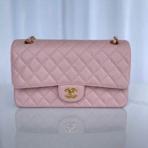 CHANEL CLASSIC HANDBAG GRAINED CALFSKIN & GOLD-TONE METAL PINK 6 × 9.9 × 2.5 in