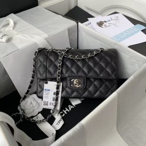 CHANEL SMALL CLASSIC HANDBAG Grained Calfskin & Silver-Tone Metal Black 5.7 × 9 × 2.3 in