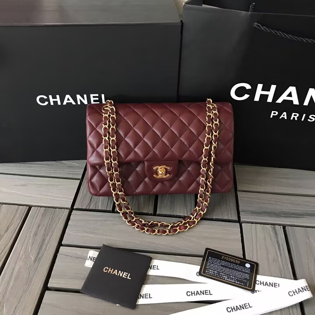 Chanel CLASSIC 11.12 HANDBAG Lambskin &Brown Metal Burqundy 15.5 x 25.5 x 6.5 cm