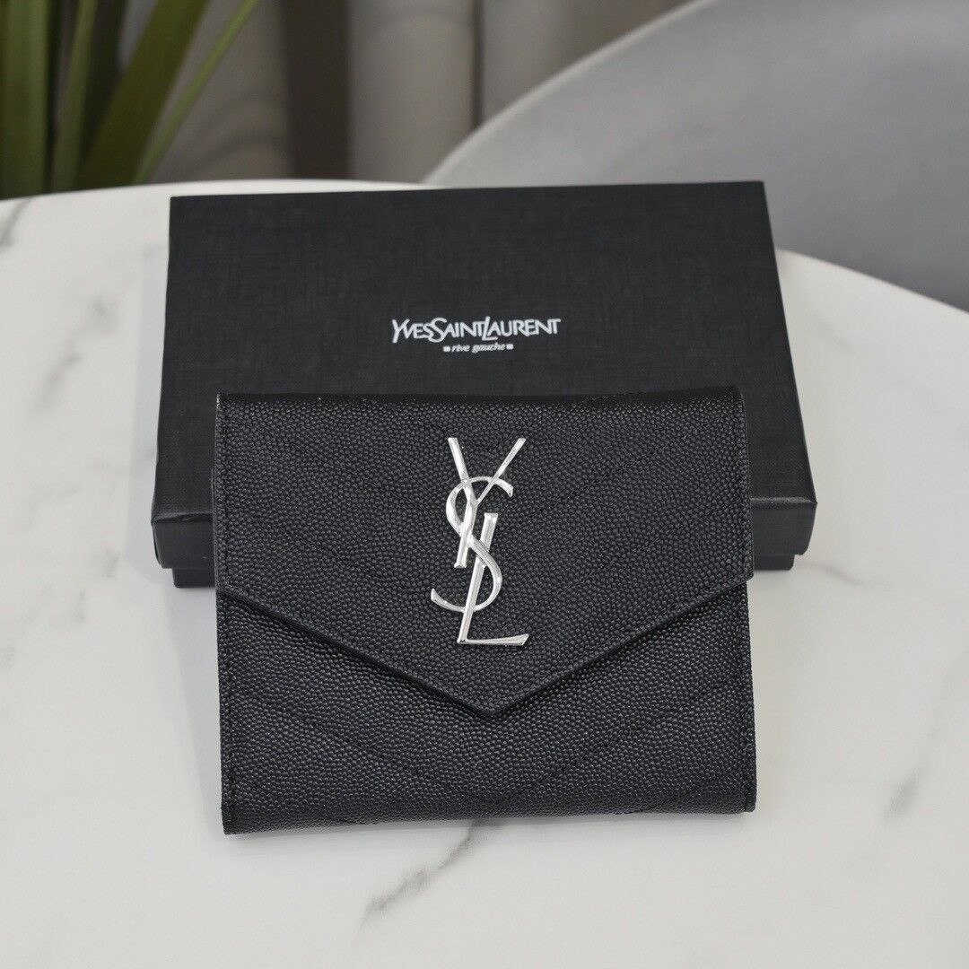 YSL cassandre matelass¨¦ compact tri fold wallet in grain de poudre leather 12.5 x 10 x 2.5 cm