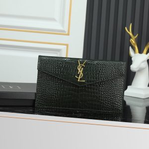 YSL UPTOWN POUCH IN CROCODILE-EMBOSSED SHINY LEATHER green 10.6 X 6.2 X 0.7 INCHES