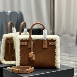 YSL SAC DE JOUR SUPPLE NANO IN SUEDE AND SHEARLING DARK CIGAR AND NATURAL BEIGE