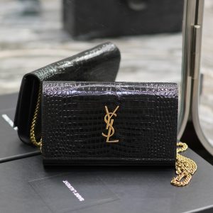 YSL CASSANDRE CHAIN WALLET IN CROCODILE-EMBOSSED SHINY LEATHER