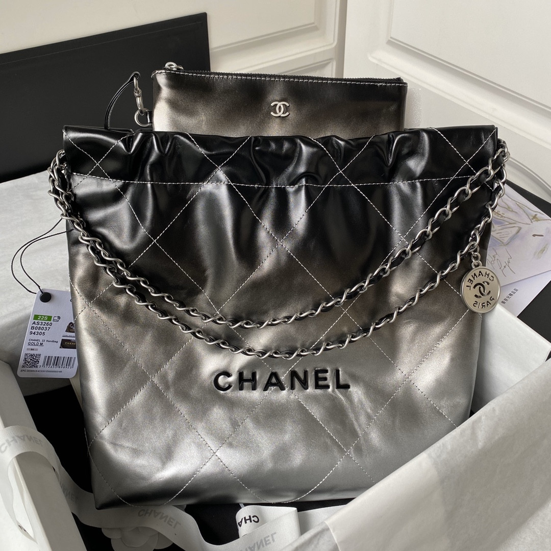 CHANEL 22 SMALL HANDBAG Shiny Calfskin SILVER 13.7¡Á14.4¡Á2.7 in