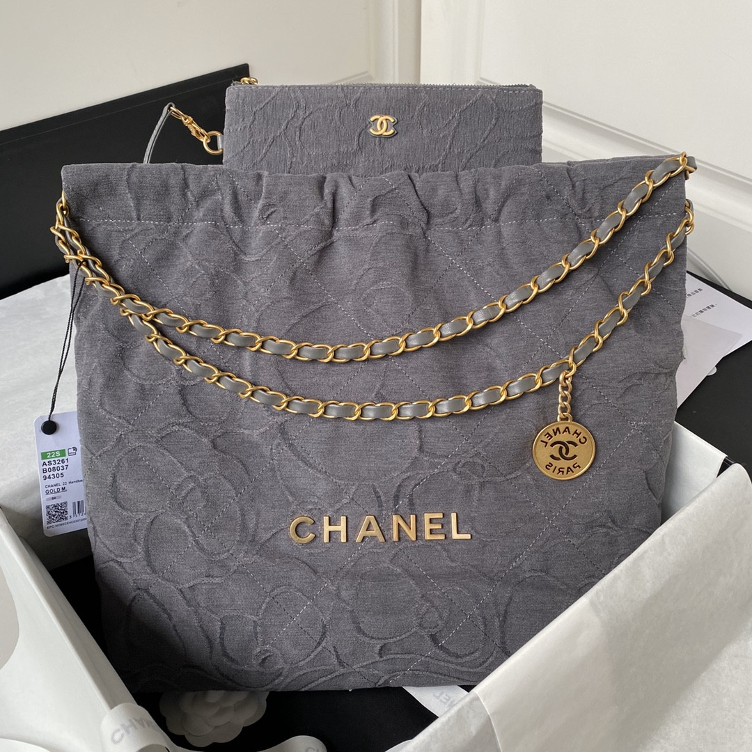 CHANEL 22 HANDBAG velvet GREY 15.21¡Á16.38¡Á3.12 in