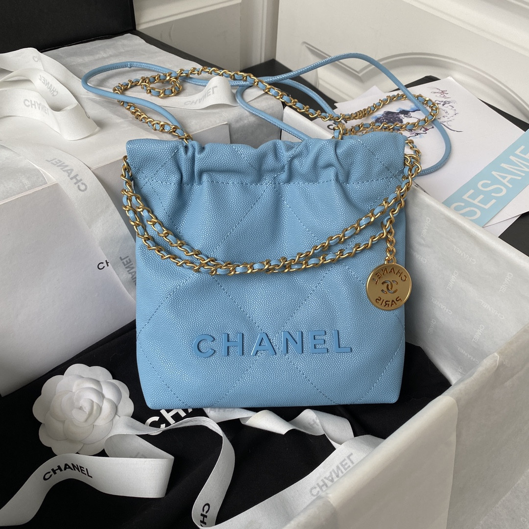 CHANEL 22 MINI HANDBAG GRAINED LEATHER BLUE 7.8 ¡Á 7.4 ¡Á 2.3 in