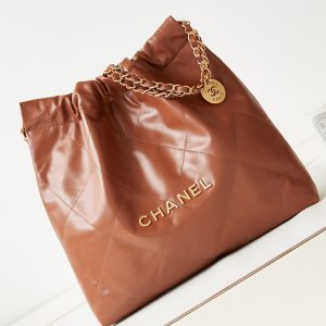 CHANEL 22 SMALL HANDBAG Shiny Calfskin BROWN 13.7¡Á14.4¡Á2.7 in