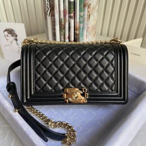 BOY CHANEL HANDBAG Shiny Grained Calfskin & Gold-Tone Metal Black 5.9 × 9.8 × 3.5 in