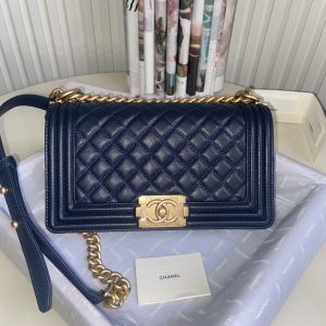 BOY CHANEL HANDBAG Shiny Grained Calfskin & Gold-Tone Metal Navy 5.9 × 9.8 × 3.5 in