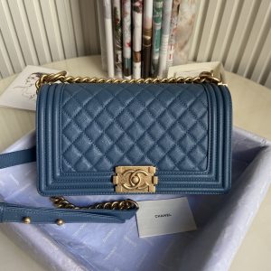 BOY CHANEL HANDBAG Shiny Grained Calfskin & Gold-Tone Metal Blue 5.9 × 9.8 × 3.5 in