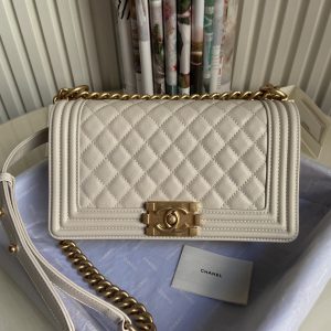 BOY CHANEL HANDBAG Shiny Grained Calfskin & Gold-Tone Metal Beige 5.9 × 9.8 × 3.5 in