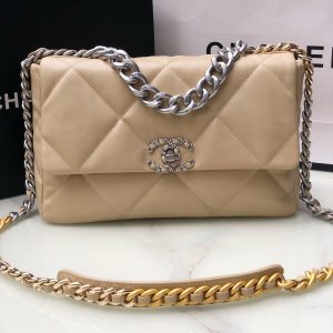 CHANEL 19 HANDBAG Shiny Leather, Gold-Tone, Silver-Tone & Ruthenium-Finish Metal Beige 30x20x10cm