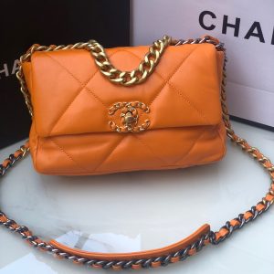Alternative view of CHANEL 19 HANDBAG Shiny Leather, Gold-Tone, Silver-Tone & Ruthenium-Finish Metal Orange 6.2 ¡Á 10.1 ¡Á 3.5 in