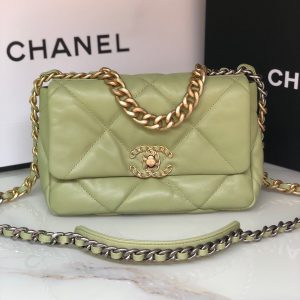 CHANEL 19 HANDBAG Shiny Leather, Gold-Tone, Silver-Tone & Ruthenium-Finish Metal Light Green 6.2 ¡Á 10.1 ¡Á 3.5 in