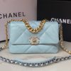 CHANEL 19 HANDBAG Shiny Leather, Gold-Tone, Silver-Tone & Ruthenium-Finish Metal Light Blue 6.2 ¡Á 10.1 ¡Á 3.5 in