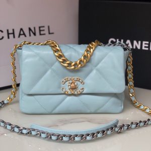 CHANEL 19 HANDBAG Shiny Leather, Gold-Tone, Silver-Tone & Ruthenium-Finish Metal Light Blue 6.2 ¡Á 10.1 ¡Á 3.5 in