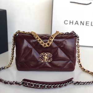 CHANEL 19 HANDBAG Shiny Leather, Gold-Tone, Silver-Tone & Ruthenium-Finish Metal Dark Red 6.2 ¡Á 10.1 ¡Á 3.5 in