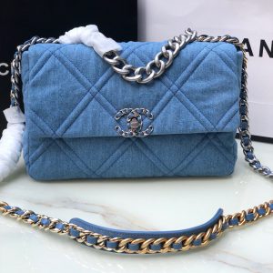 CHANEL 19 LARGE HANDBAG, Gold-Tone, Silver-Tone & Ruthenium-Finish Metal Blue 7.8 ¡Á 11.7 ¡Á 3.9 in