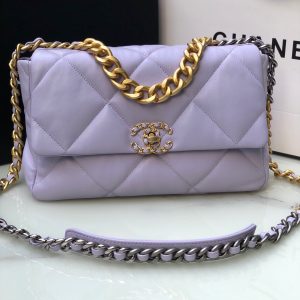 CHANEL 19 LARGE HANDBAG Shiny Leather, Gold-Tone, Silver-Tone & Ruthenium-Finish Metal Purple 7.8 ¡Á 11.7 ¡Á 3.9 in