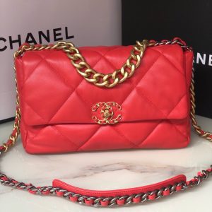 CHANEL 19 LARGE HANDBAG Shiny Leather Red, Gold-Tone, Silver-Tone & Ruthenium-Finish Metal 7.8 ¡Á 11.7 ¡Á 3.9 in