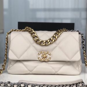 Alternative view of CHANEL 19 LARGE HANDBAG Shiny Leather, Gold-Tone, Silver-Tone & Ruthenium-Finish Metal Beige 7.8 ¡Á 11.7 ¡Á 3.9 in