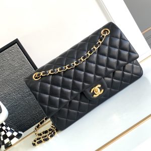 CHANEL CLASSIC HANDBAG LAMBSKIN & GOLD-TONE METAL BLACK 15.5 x 25.5x6.5cm