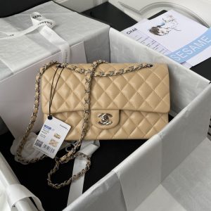 CHANEL CLASSIC HANDBAG GRAINED SHINY CALFSKIN & SILVER-TONE METAL COFFEE 6 × 9.9 × 2.5 in