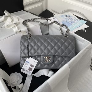 CHANEL CLASSIC HANDBAG GRAINED CALFSKIN & SILVER-TONE METAL GRAY 6 × 9.9 × 2.5 in