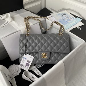 CHANEL CLASSIC HANDBAG GRAINED CALFSKIN & GOLD-TONE METAL GRAY 6 × 9.9 × 2.5 in