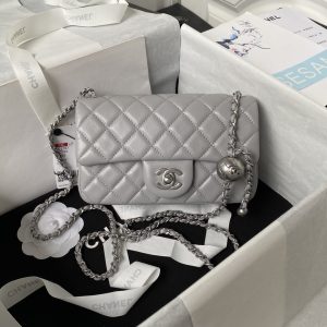 CHANEL MINI FLAP BAG SHINY CALFSKIN & SILVER-TONE METAL LIGHT GRAY 4.7 × 7.8 × 2.3 in