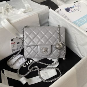 CHANEL MINI FLAP BAG SHINY CALFSKIN & SILVER-Tone METAL LIGHT GRAY 5.3 × 6.6 × 3.1 in