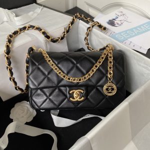 CHANEL SMALL CLASSIC HANDBAG GRAINED SHINY CALFSKIN & Gold-TONE METAL black 5.7 × 9 × 2.3 IN