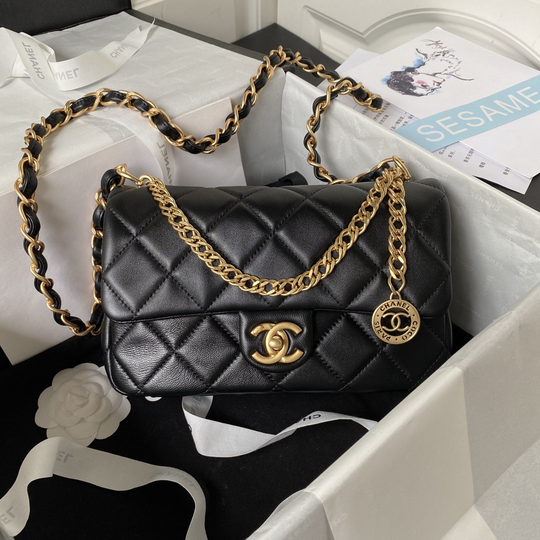CHANEL SMALL CLASSIC HANDBAG GRAINED SHINY CALFSKIN & Gold-TONE METAL black 5.7 × 9 × 2.3 IN