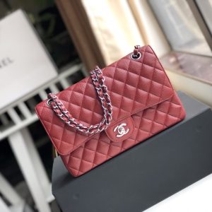 Alternative view of CHANEL CLASSIC HANDBAG GRAINED CALFSKIN & SILVER-TONE METAL red 6 × 9.9 × 2.5 in