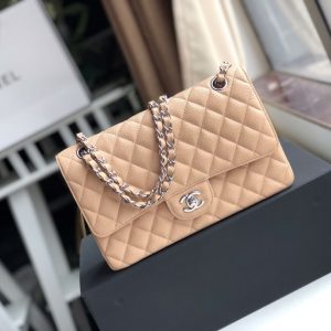 CHANEL CLASSIC HANDBAG GRAINED CALFSKIN & SILVER-TONE METAL COFFEE 6 × 9.9 × 2.5 in