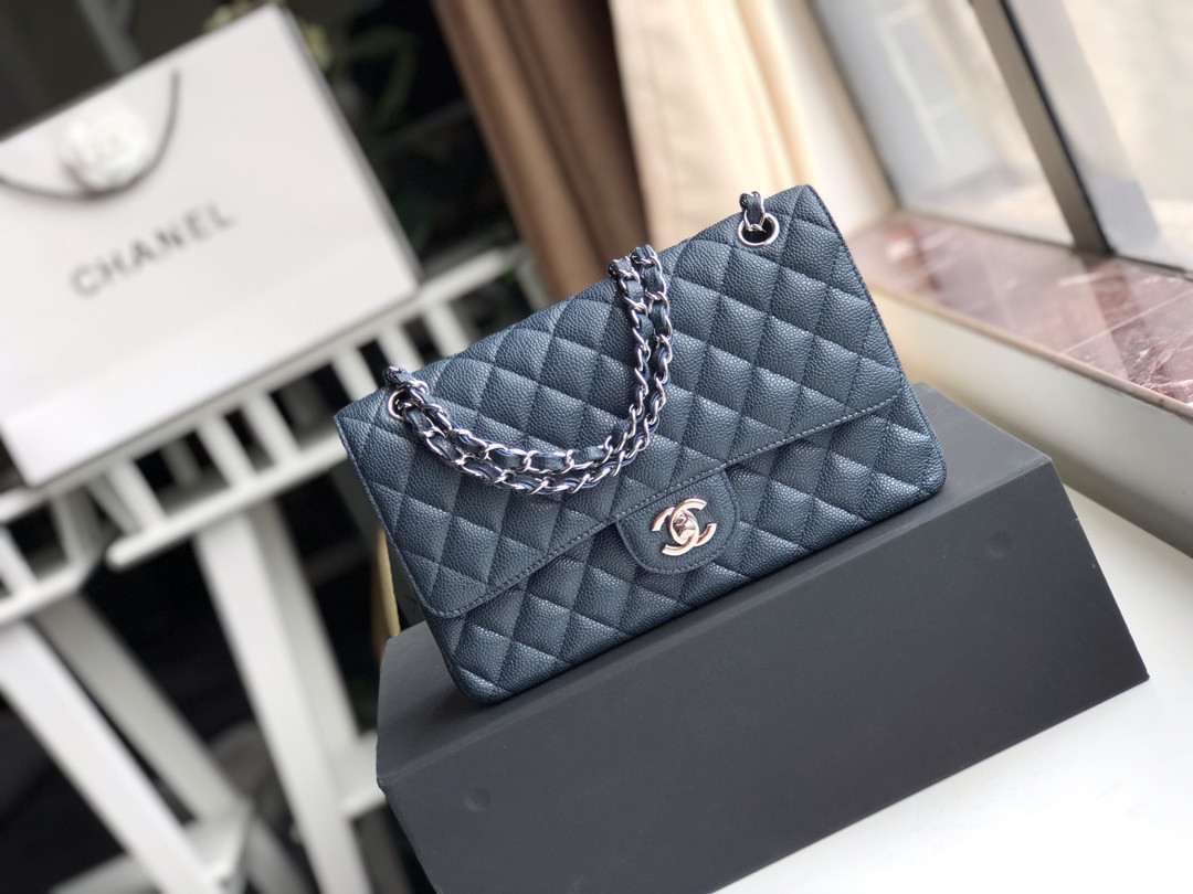 CHANEL CLASSIC HANDBAG GRAINED CALFSKIN & SILVER-TONE METAL NAVY 6 × 9.9 × 2.5 in - Image 2