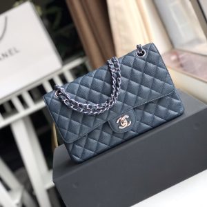 CHANEL CLASSIC HANDBAG GRAINED CALFSKIN & SILVER-TONE METAL NAVY 6 × 9.9 × 2.5 in