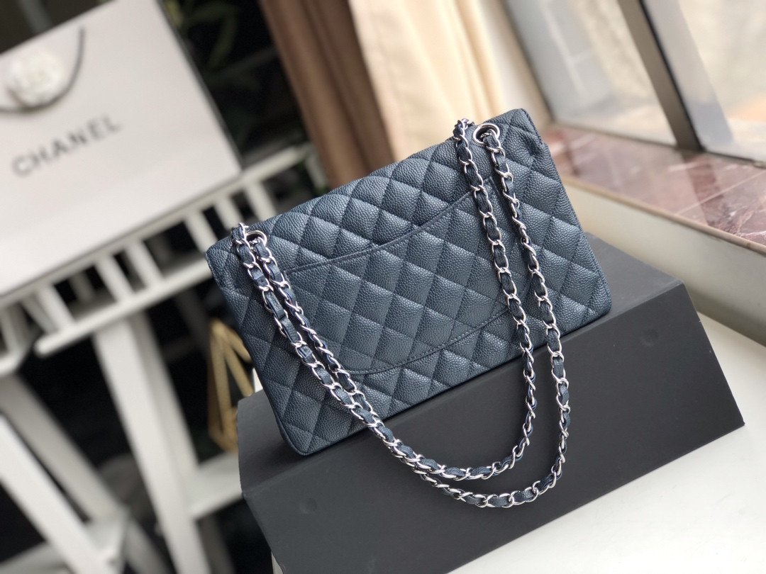 CHANEL CLASSIC HANDBAG GRAINED CALFSKIN & SILVER-TONE METAL NAVY 6 × 9.9 × 2.5 in - Image 3