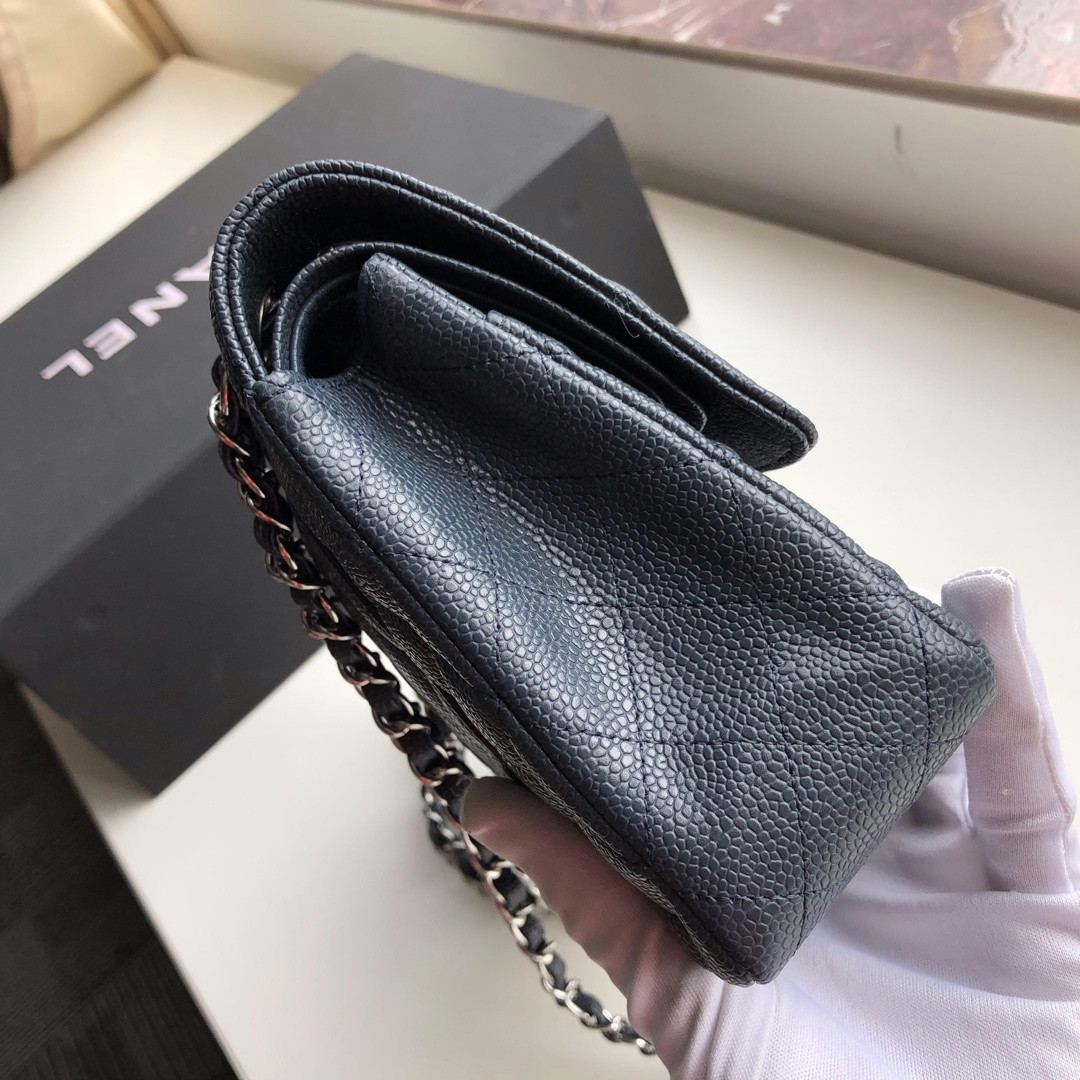 CHANEL CLASSIC HANDBAG GRAINED CALFSKIN & SILVER-TONE METAL NAVY 6 × 9.9 × 2.5 in - Image 6