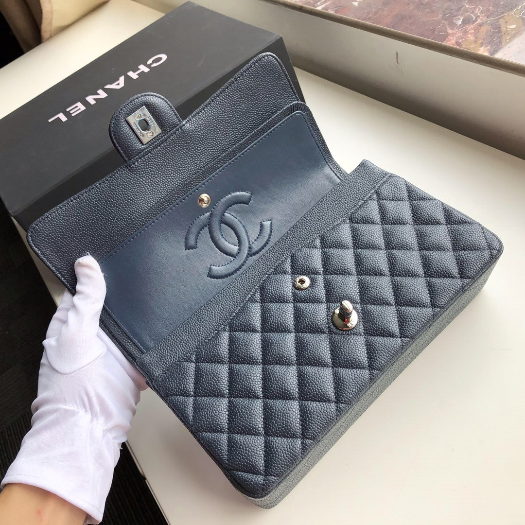 CHANEL CLASSIC HANDBAG GRAINED CALFSKIN & SILVER-TONE METAL NAVY 6 × 9.9 × 2.5 in - Image 7