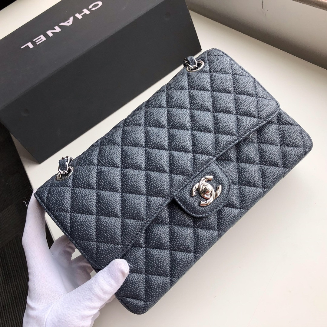CHANEL CLASSIC HANDBAG GRAINED CALFSKIN & SILVER-TONE METAL NAVY 6 × 9.9 × 2.5 in - Image 8