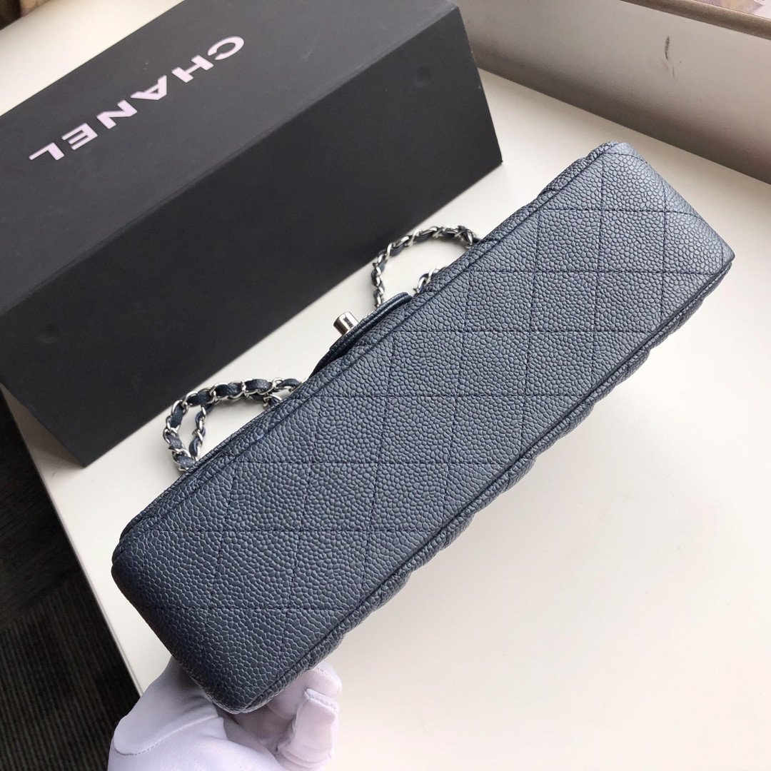 CHANEL CLASSIC HANDBAG GRAINED CALFSKIN & SILVER-TONE METAL NAVY 6 × 9.9 × 2.5 in - Image 9
