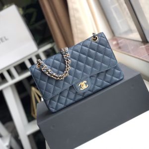 CHANEL CLASSIC HANDBAG GRAINED CALFSKIN & GOLD-TONE METAL NAVY 6 × 9.9 × 2.5 in