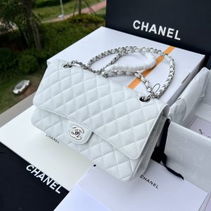 CHANEL CLASSIC HANDBAG GRAINED CALFSKIN & SILVER-TONE METAL WHITE 6 × 9.9 × 2.5 in