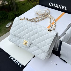 CHANEL CLASSIC HANDBAG GRAINED CALFSKIN & GOLD-TONE METAL WHITE 6 × 9.9 × 2.5 in