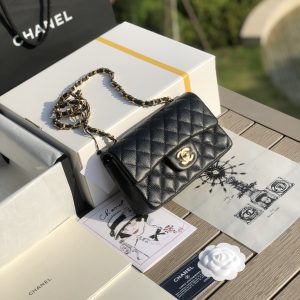 CHANEL MINI FLAP BAG BLACK WITH GOLD-TONE MENTAL 4.7 × 7.8 × 2.3 in