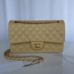 CHANEL CLASSIC HANDBAG GRAINED CALFSKIN & GOLD-TONE METAL YELLOW 6 × 9.9 × 2.5 in